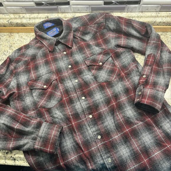 Pendleton Red Plaid Wool Flannel Pearl Snap Western Long Sleeve Size Medium Long - Picture 6 of 9